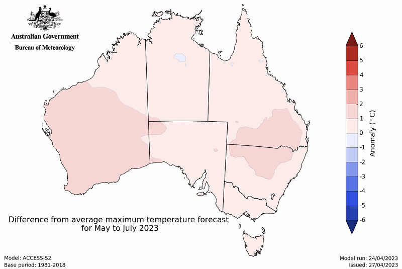 Map showing the predicted maximum temperature anomaly for the next three months in Australia. Image provided by the Bureau of Meteorology. Please refer to accompanying text for a more detailed description.