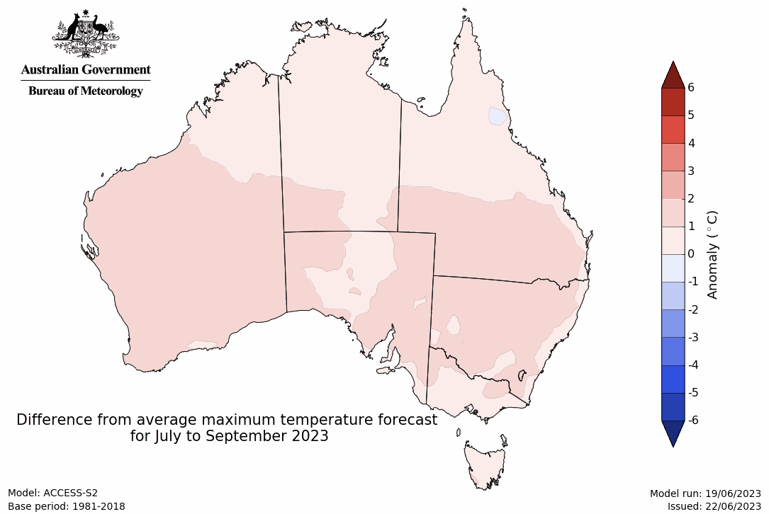 Map showing the predicted maximum temperature anomaly for the next three months in Australia. Image provided by the Bureau of Meteorology. Please refer to accompanying text for a more detailed description