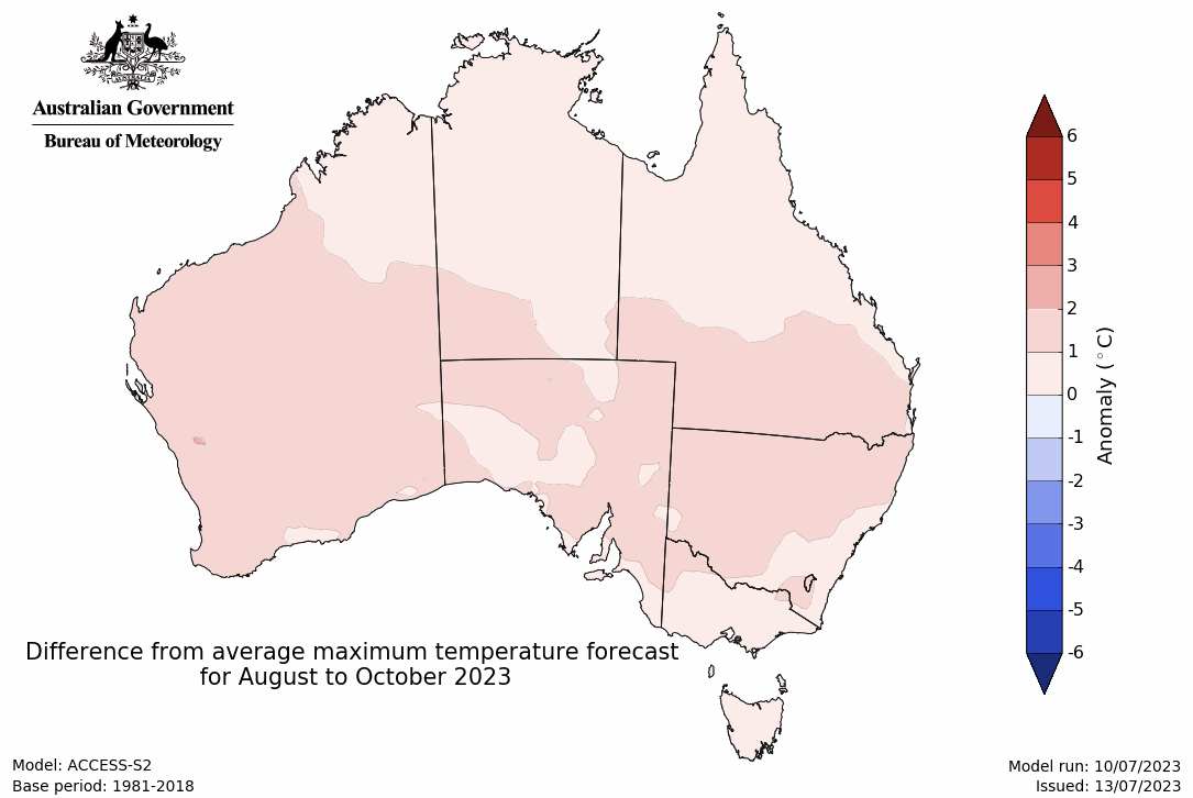 Map showing the predicted maximum temperature anomaly for the next three months in Australia. Image provided by the Bureau of Meteorology. Please refer to accompanying text for a more detailed description.