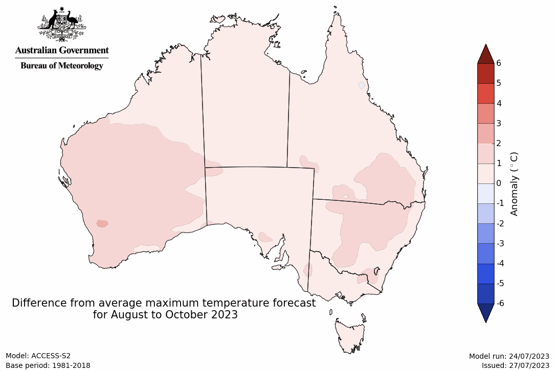 Map showing the predicted maximum temperature anomaly for the next three months in Australia. Image provided by the Bureau of Meteorology. Please refer to accompanying text for a more detailed description.