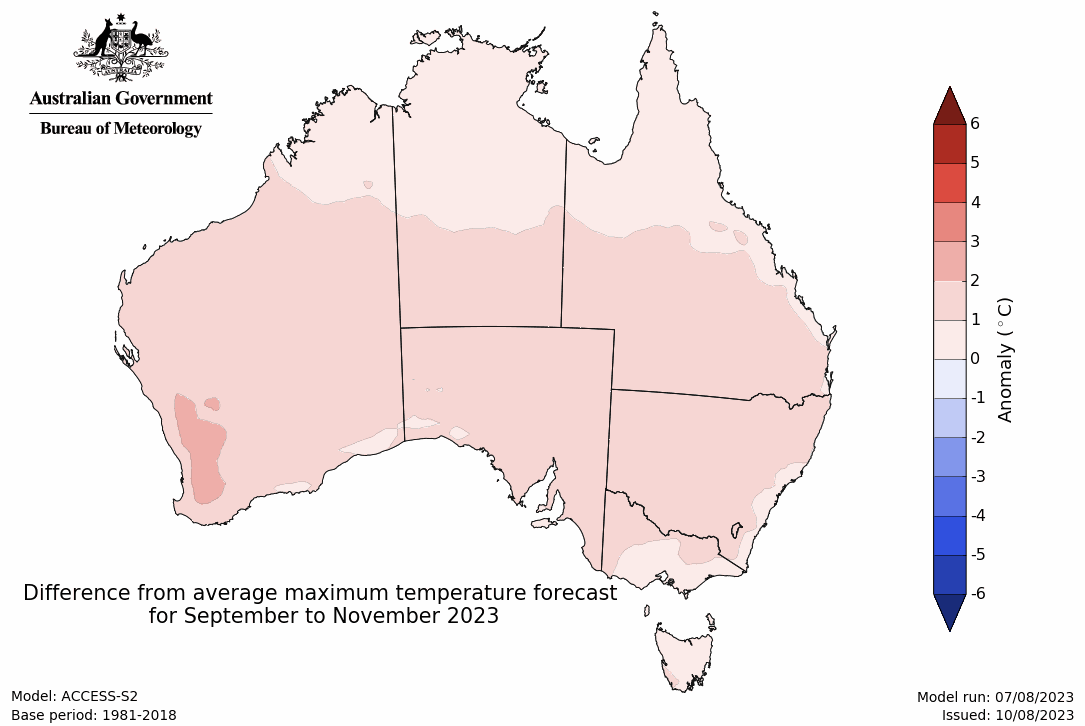 Map showing the predicted maximum temperature anomaly for the next three months in Australia. Image provided by the Bureau of Meteorology. Please refer to accompanying text for a more detailed description.