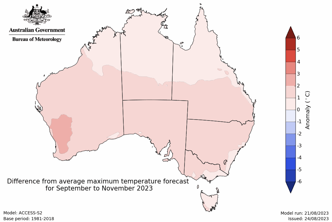 Map showing predicted maximum temperature anomaly for September to November 2023.