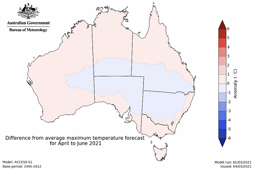 Map showing the predicted maximum temperature anomaly for the next three months in Australia. Image provided by the Bureau of Meteorology. Please refer to accompanying text for a more detailed description.