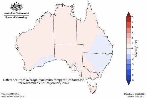 Map showing the predicted maximum temperature anomaly for the next three months in Australia. Image provided by the Bureau of Meteorology. Please refer to accompanying text for a more detailed description.