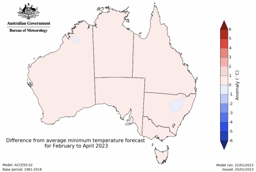 Predicted minimum temperature anomaly for February to April 2023