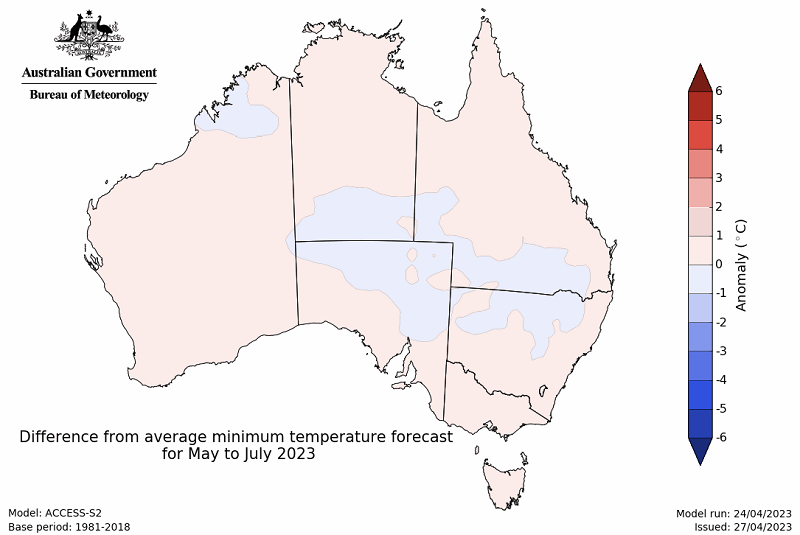 Map showing the predicted minimum temperature anomaly for the next three months in Australia. Image provided by the Bureau of Meteorology. Please refer to accompanying text for a more detailed description.