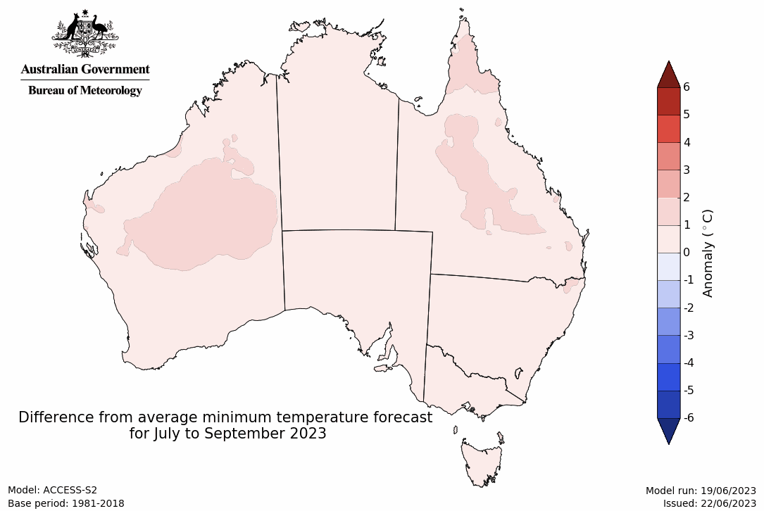 Map showing the predicted minimum temperature anomaly for the next three months in Australia. Image provided by the Bureau of Meteorology. Please refer to accompanying text for a more detailed description.