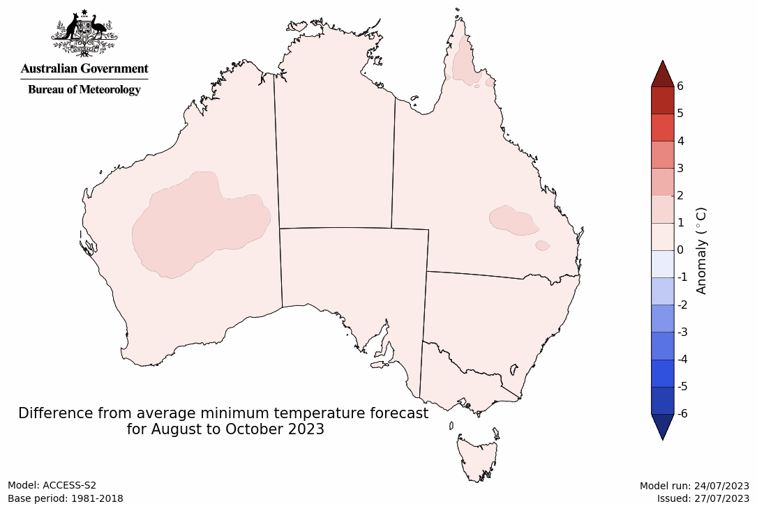 Map showing the predicted minimum temperature anomaly for the next three months in Australia. Image provided by the Bureau of Meteorology. Please refer to accompanying text for a more detailed description.