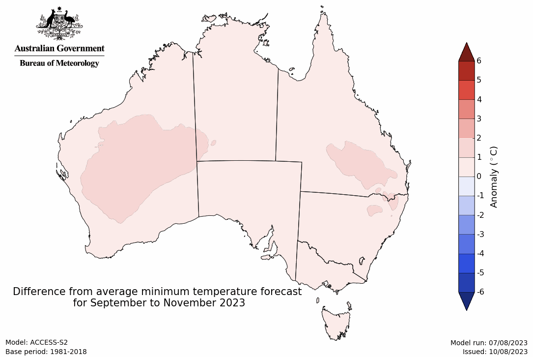 Map showing the predicted minimum temperature anomaly for the next three months in Australia. Image provided by the Bureau of Meteorology. Please refer to accompanying text for a more detailed description.