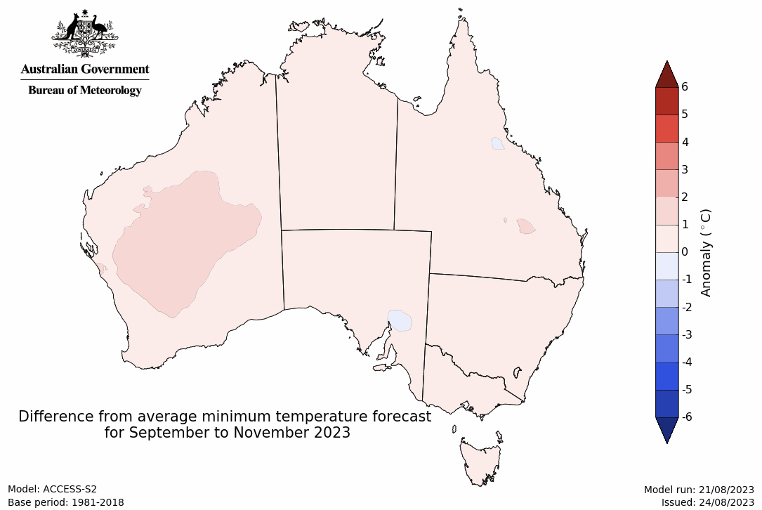 Map showing predicted minimum temperature anomaly for September to November 2023.