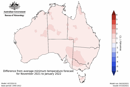 Map showing the predicted minimum temperature anomaly for the next three months in Australia. Image provided by the Bureau of Meteorology. Please refer to accompanying text for a more detailed description.