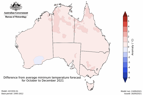 Map showing the predicted minimum temperature anomaly for the next three months in Australia. Image provided by the Bureau of Meteorology. Please refer to accompanying text for a more detailed description.