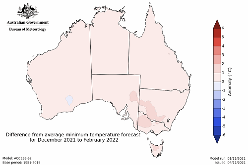 Map showing the predicted maximum temperature anomaly for the next three months in Australia. Image provided by the Bureau of Meteorology. Please refer to accompanying text for a more detailed description.