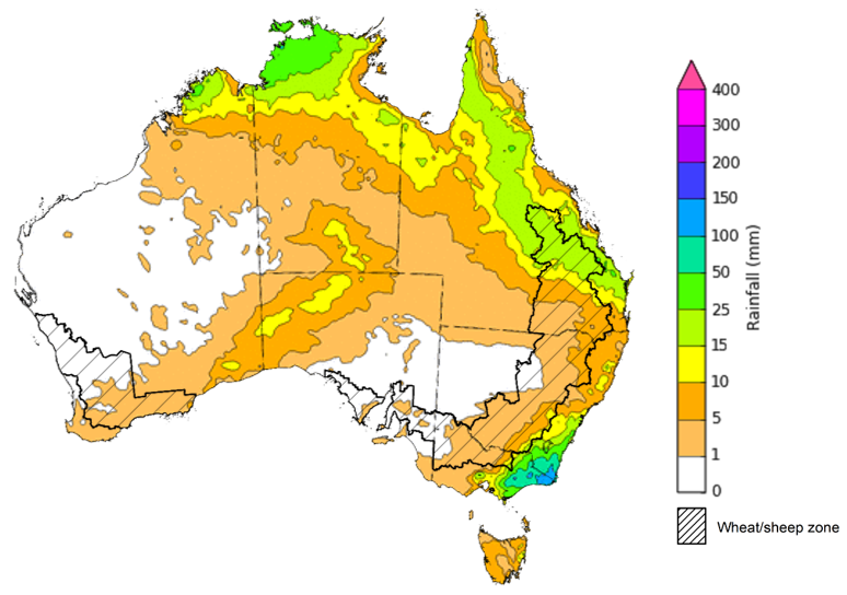 Map of the total forecast rainfall for the next 8 days. Image provided by the Bureau of Meteorology. Please refer to accompanying text for a more detailed description.