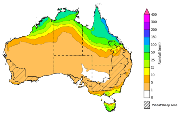 Map of the total forecast rainfall for the next 8 days. Image provided by the Bureau of Meteorology. Please refer to accompanying text for a more detailed description.