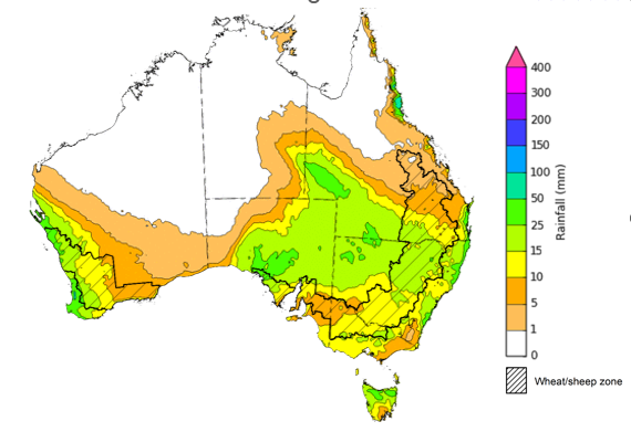 Map of the total forecast rainfall for the next 8 days. Image provided by the Bureau of Meteorology. Please refer to accompanying text for a more detailed description.