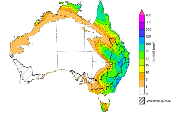 Map of the total forecast rainfall for the next 8 days. Image provided by the Bureau of Meteorology. Please refer to accompanying text for a more detailed description.