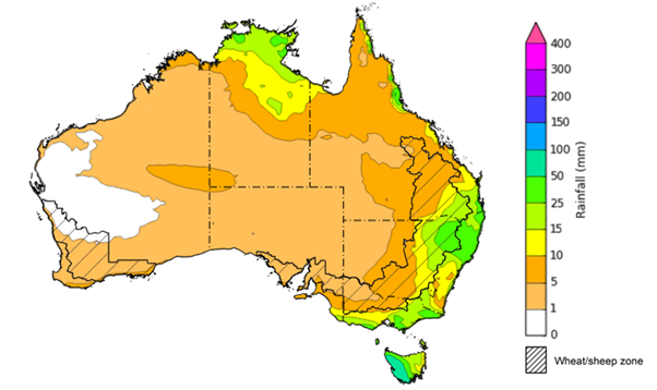 Map of the total forecast rainfall for the next 8 days. Image provided by the Bureau of Meteorology. Please refer to accompanying text for a more detailed description.