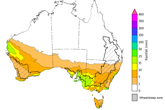 Map of the total forecast rainfall for the next 8 days. Image provided by the Bureau of Meteorology. Please refer to accompanying text for a more detailed description.