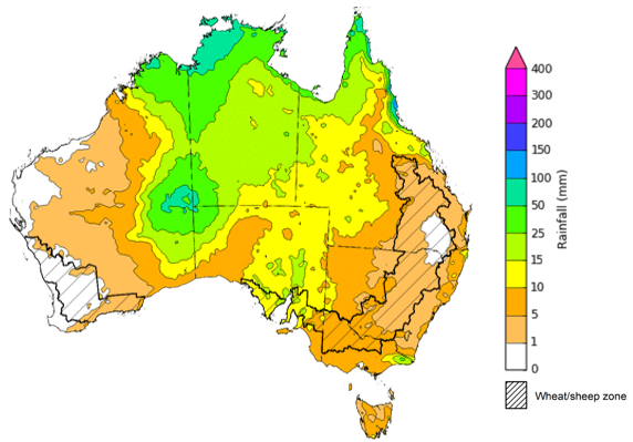 Map of the total forecast rainfall for the next 8 days. Image provided by the Bureau of Meteorology. Please refer to accompanying text for a more detailed description.