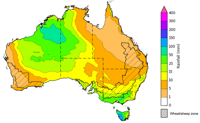 Map of the total forecast rainfall for the next 8 days. Image provided by the Bureau of Meteorology. Please refer to accompanying text for a more detailed description.