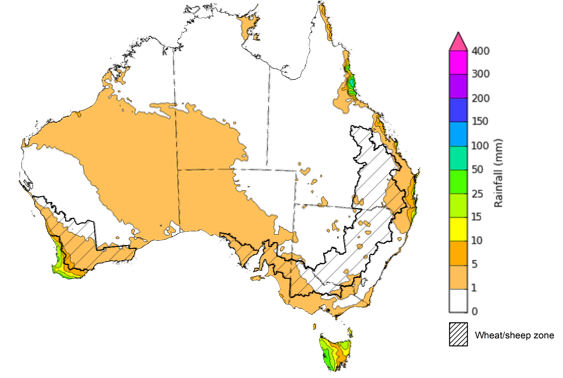 Map of the total forecast rainfall for the next 8 days. Image provided by the Bureau of Meteorology. Please refer to accompanying text for a more detailed description.