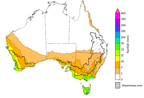 Map of the total forecast rainfall for the next 8 days. Image provided by the Bureau of Meteorology. Please refer to accompanying text for a more detailed description.