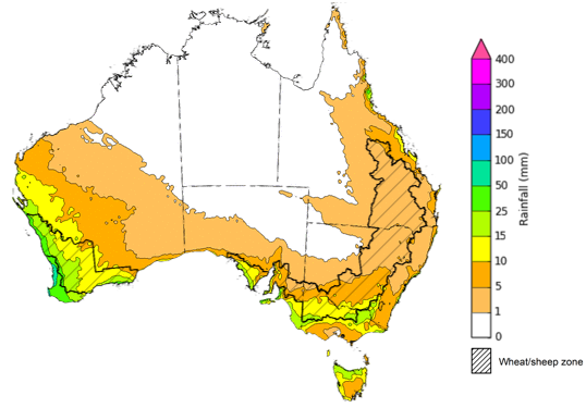 Map of the total forecast rainfall for the next 8 days. Image provided by the Bureau of Meteorology. Please refer to accompanying text for a more detailed description.