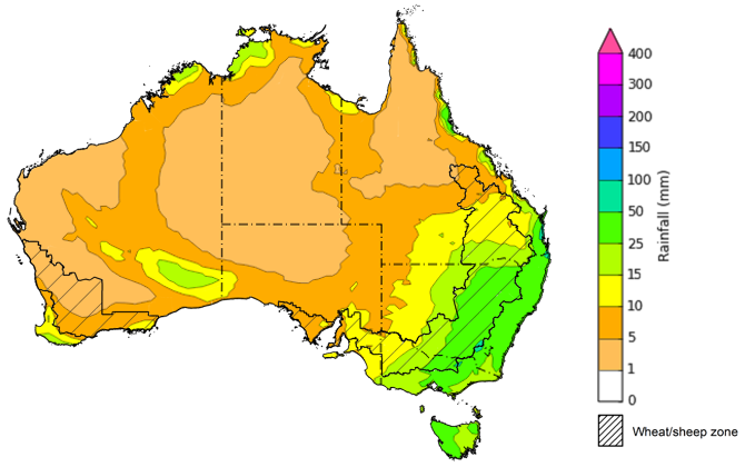 Map of the total forecast rainfall for the next 8 days. Image provided by the Bureau of Meteorology. Please refer to accompanying text for a more detailed description.