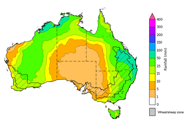 Map of the total forecast rainfall for the next 8 days. Image provided by the Bureau of Meteorology. Please refer to accompanying text for a more detailed description.