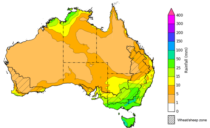 Map of the total forecast rainfall for the next 8 days. Image provided by the Bureau of Meteorology. Please refer to accompanying text for a more detailed description.