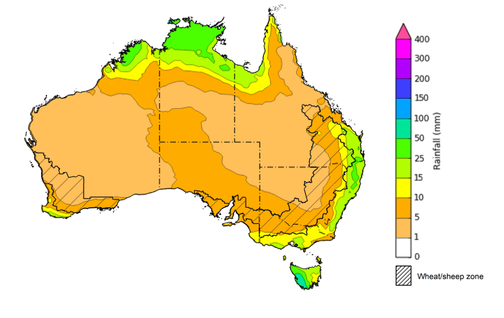 Map of the total forecast rainfall for the next 8 days. Image provided by the Bureau of Meteorology. Please refer to accompanying text for a more detailed description.