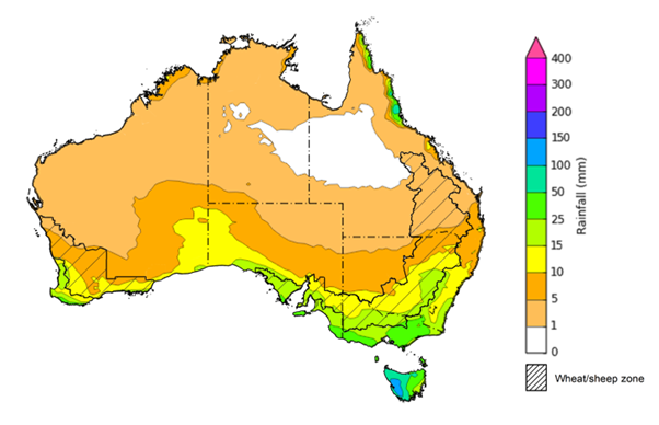 Map of the total forecast rainfall for the next 8 days. Image provided by the Bureau of Meteorology. Please refer to accompanying text for a more detailed description.