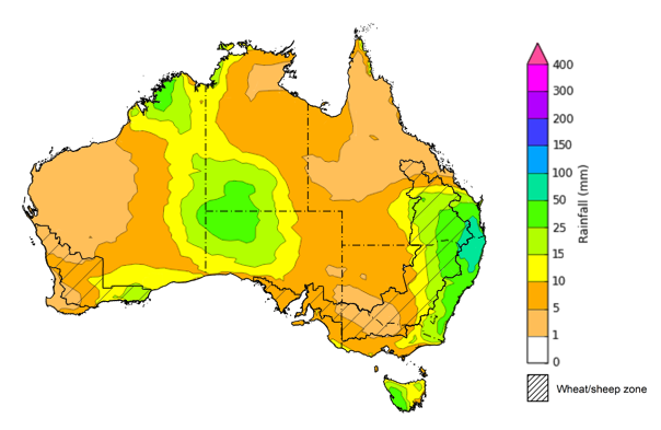 Map of the total forecast rainfall for the next 8 days. Image provided by the Bureau of Meteorology. Please refer to accompanying text for a more detailed description.