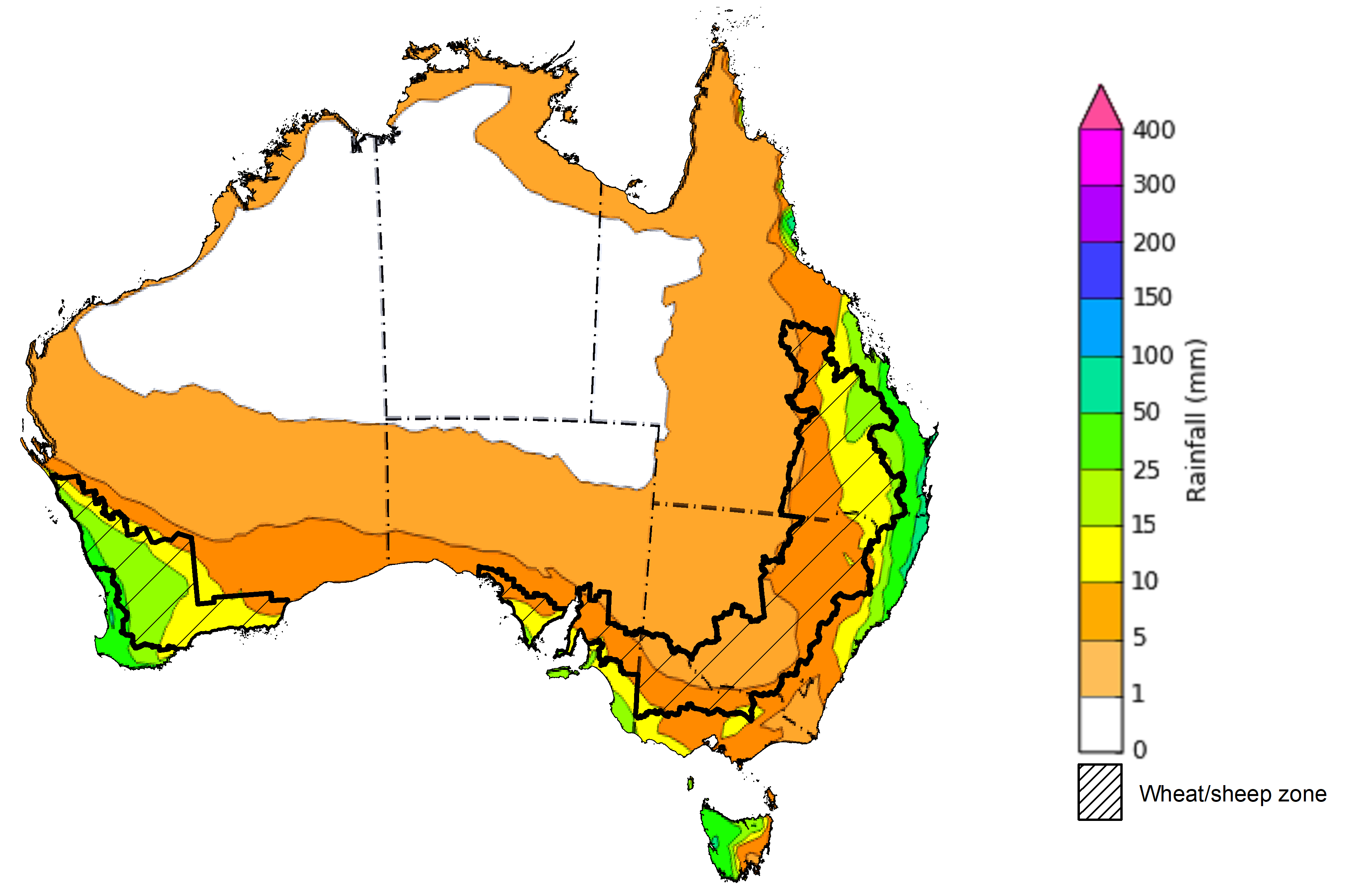 Map of the total forecast rainfall for the next 8 days. Image provided by the Bureau of Meteorology. Please refer to accompanying text for a more detailed description.