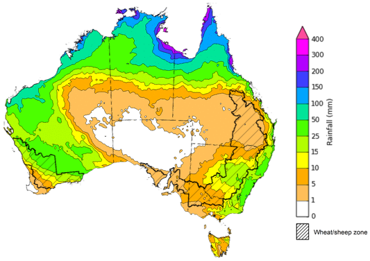 Map of the total forecast rainfall for the next 8 days. Image provided by the Bureau of Meteorology. Please refer to accompanying text for a more detailed description.