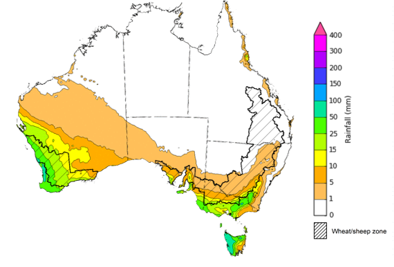 Map of the total forecast rainfall for the next 8 days. Image provided by the Bureau of Meteorology. Please refer to accompanying text for a more detailed description.