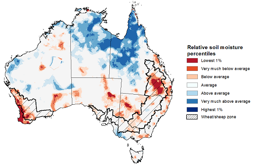 Map showing the upper layer soil moisture for the previous season in Australia. Image provided by the Bureau of Meteorology. Please refer to accompanying text for a more detailed description.