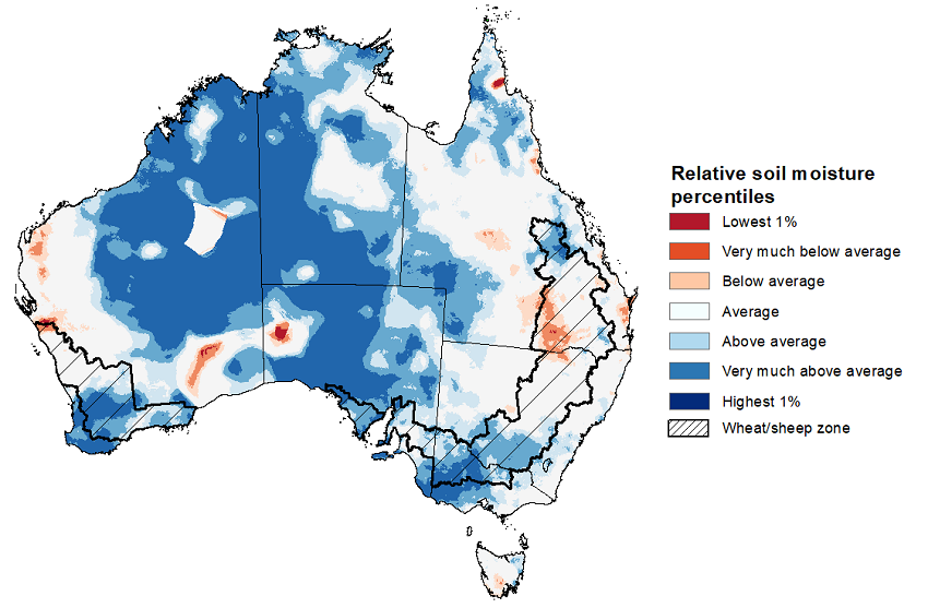 Map showing the upper layer soil moisture for the previous season in Australia. Image provided by the Bureau of Meteorology. Please refer to accompanying text for a more detailed description.