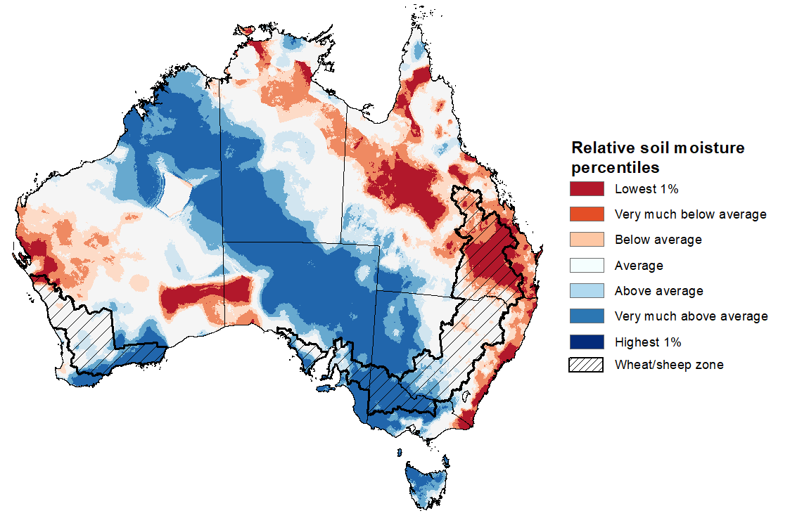 Map showing the upper layer soil moisture for the previous season in Australia. Image provided by the Bureau of Meteorology. Please refer to accompanying text for a more detailed description.