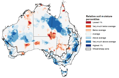 Map showing the upper layer soil moisture for the previous season in Australia. Image provided by the Bureau of Meteorology. Please refer to accompanying text for a more detailed description.