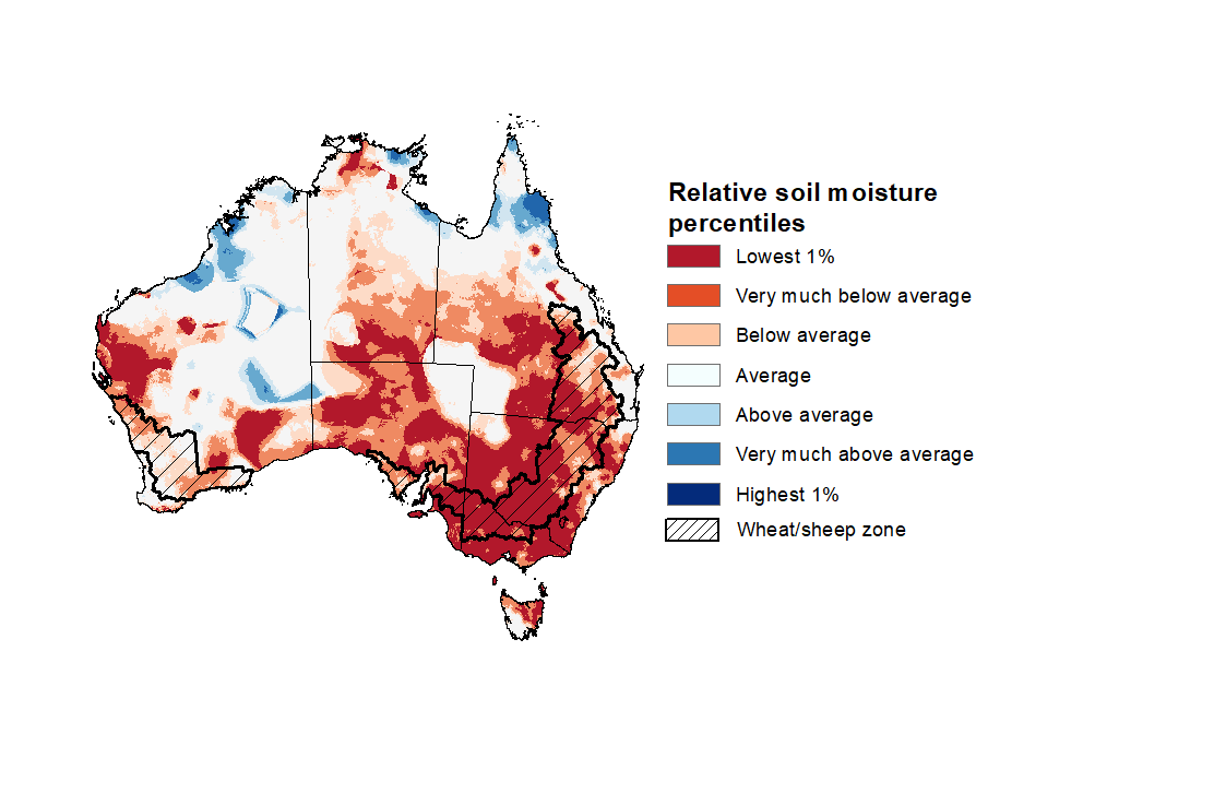 Map showing the upper layer soil moisture for the previous season in Australia. Image provided by the Bureau of Meteorology. Please refer to accompanying text for a more detailed description.