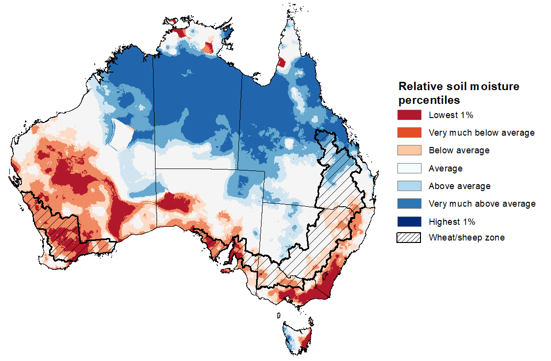 Map showing the upper layer soil moisture for the previous season in Australia. Image provided by the Bureau of Meteorology. Please refer to accompanying text for a more detailed description.