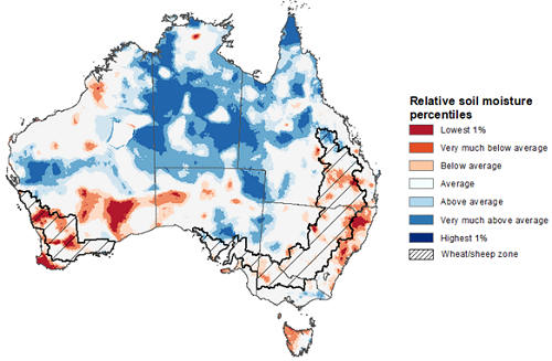 Map showing the upper layer soil moisture for the previous season in Australia. Image provided by the Bureau of Meteorology. Please refer to accompanying text for a more detailed description