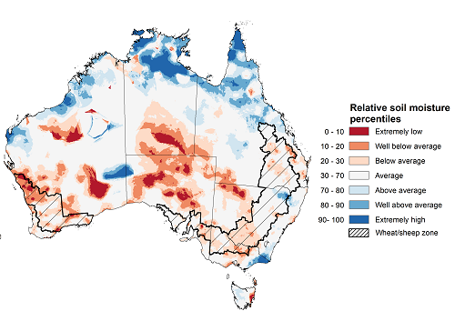 Map showing the upper layer soil moisture for the previous season in Australia. Image provided by the Bureau of Meteorology. Please refer to accompanying text for a more detailed description.