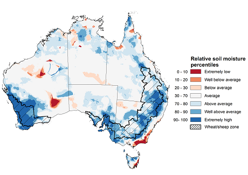 Map showing the upper layer soil moisture for the previous month in Australia. Image provided by the Bureau of Meteorology. Please refer to accompanying text for a more detailed description.