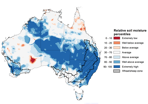 Map showing the upper layer soil moisture for March 2021 in Australia. Image provided by the Bureau of Meteorology. Please refer to accompanying text for a more detailed description.