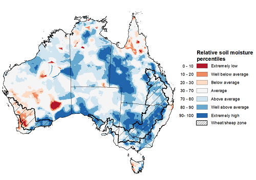 Map showing the upper layer soil moisture for the previous month in Australia. Image provided by the Bureau of Meteorology. Please refer to accompanying text for a more detailed description.