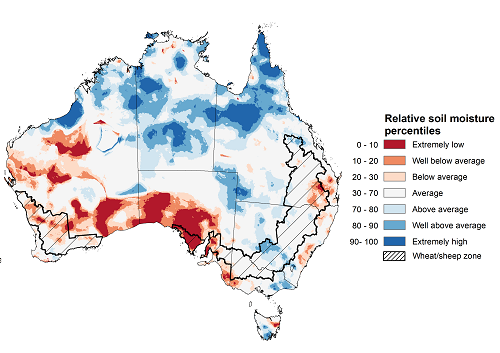 Map showing the upper layer soil moisture for the previous season in Australia. Image provided by the Bureau of Meteorology. Please refer to accompanying text for a more detailed description.