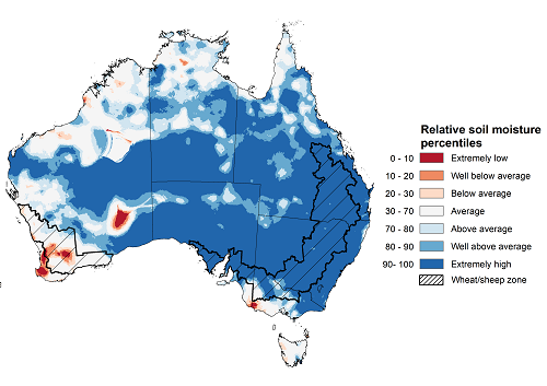 Map showing the upper layer soil moisture for the previous season in Australia. Image provided by the Bureau of Meteorology. Please refer to accompanying text for a more detailed description.